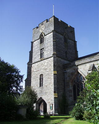 St Andrew's Church, Presteigne, with more typical festival weather, in August 1998. The forecast for most of the rest of the festival indicates much brighter weather than yesterday's. Photo © 1998 Keith Bramich