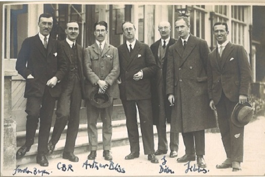 From left to right: Gordon Bryan, Cyril Rootham, Arthur Bliss, Dan Godfrey, George Dixon, Armstrong Gibbs and Patrick Hadley. Photo by kind permission of the Cyril Rootham website at www.rootham.org