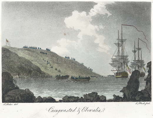 A lithograph of the French forces landing at Carregwastad in 1797