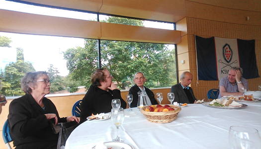Lunch with Torsten Rasch at the King's School Worcester boathouse: Roderic Dunnett (far right) has just presented Torsten Rasch (next right) with a book, at the end of the interview. Photo © 2017 Keith Bramich