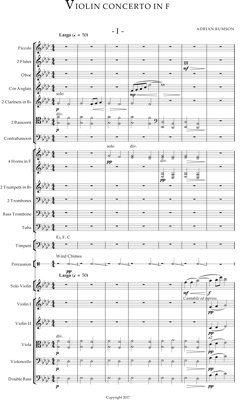 The opening page of the full score of Adrian Rumson's Violin Concerto