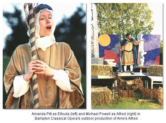 Amanda Pitt as Eltruda (left) and Michael Powell as Alfred (right) in Bampton Classical Opera's outdoor production of Arne's Alfred