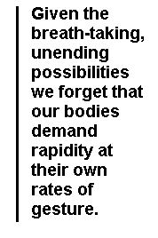Given the breath-taking, unending possibilities we forget that our bodies demand rapidity at their own rates of gesture.