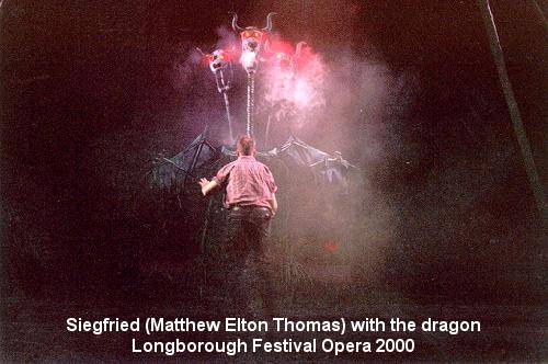 Longborough Festival Opera 2000. Siegfried. Siegfried (Matthew Elton Thomas) with the dragon.