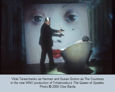 Vitali Taraschenko as Herman and Susan Gorton as The Countess in the new WNO production of Tchaikovsky's 'The Queen of Spades'. Photo (c) 2000 Clive Barda