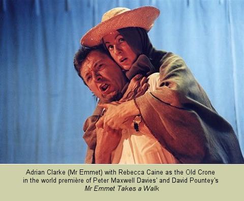 Adrian Clarke (Mr Emmet) with Rebecca Caine as the Old Crone in the world premiere of Peter Maxwell Davies' and David Pountey's Mr Emmet Takes a Walk