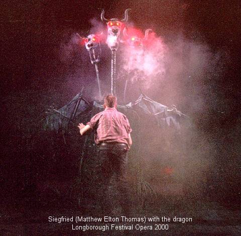 Siegfried (Matthew Elton Thomas) with the dragon. Longborough Festival Opera 2000.