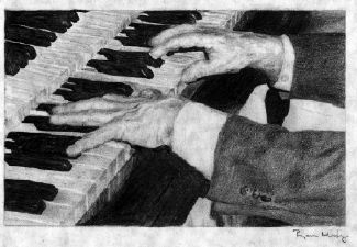 Gunnar Johansen's hands at the Moor Double Keyboard Piano. This is a pencil sketch by Ryan Meskego (created at age 17) based upon a photograph by Jeffrey Wagner taken at a visit to Blue Mounds in the 1980s. Used with permission.  The original sketch was commissioned by Gordon Rumson and is now in his private collection.