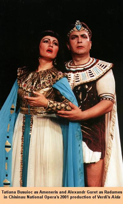 Tatiana Busuioc as Ameneris and Alexandr Guret as Radames in Chisinau National Opera's 2001 production of Verdi's Aida.