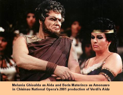 Melania Ghioalda as Aida and Boris Materinco as Amonasro in Chisinau National Opera's 2001 production of Verdi's Aida.