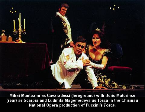 Mihai Munteanu as Cavaradossi (foreground) with Boris Materinco (rear) as Scarpia and Ludmila Magomedova as Tosca in the Chisnau National Opera production of Puccini's 'Tosca'