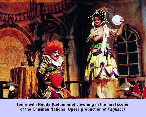 Tonio with Nedda (Columbine) clowning in the final scene of the Chisinau National Opera production of 'Pagliacci'