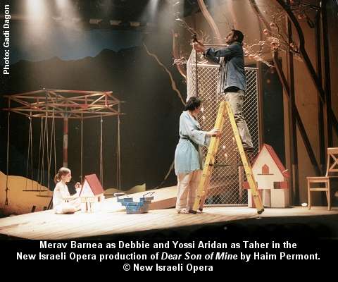 Merav Barnea as Debbie and Yossi Aridan as Taher in the New Israeli Opera production of 'Dear Son of Mine' by Haim Permont. © New Israeli Opera. Photo: Gabi Dagon
