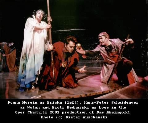 Donna Morein as Fricka (left), Hans-Peter Scheidegger as Wotan and Piotr Bednarski as Loge in the Oper Chemnitz 2001 production of 'Das Rheingold'. Photo (c) Dieter Wuschanski