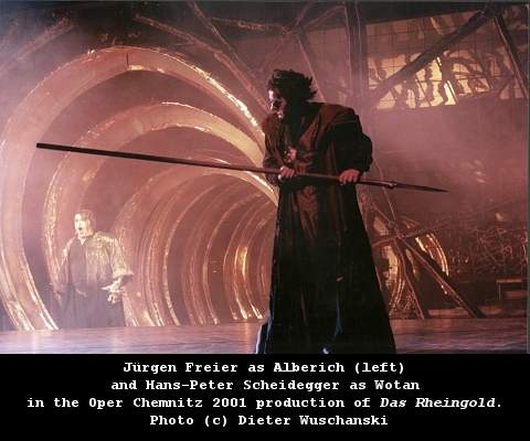 Jürgen Freier as Alberich (left) and Hans-Peter Scheidegger as Wotan in the Oper Chemnitz 2001 production of 'Das Rheingold'. Photo (c) Dieter Wuschanski