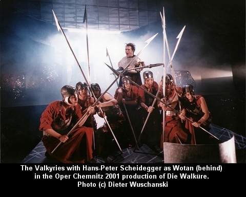 The Valkyries with Hans-Peter Scheidegger as Wotan (behind) in the Oper Chemnitz 2001 production of 'Die Walküre'. Photo (c) Dieter Wuschanski