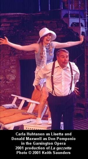 Carla Huhtanen as Lisetta and Donald Maxwell as Don Domponio in the Garsington Opera 2001 production of 'La gazzetta'. Photo (c) 2001 Keith Saunders