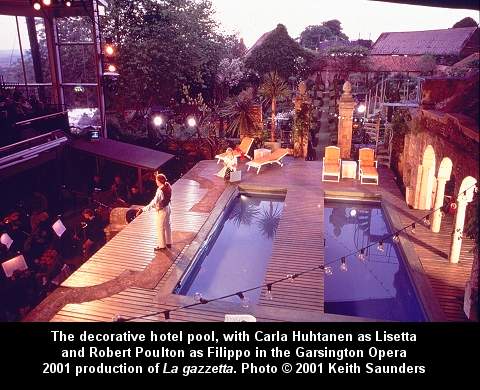 The decorative hotel pool, with Carla Huhtanen as Lisetta and Robert Poulton as Filippo in the Garsington Opera 2001 production of 'La gazzetta'. Photo (c) 2001 Keith Saunders