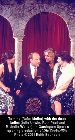 Tamino (Rufus Muller) with the three ladies (Julie Unwin, Ruth Peel and Michelle Walton), in Garsington Opera's opening production of 'Die Zauberflöte'. Photo (c) 2001 Keith Saunders