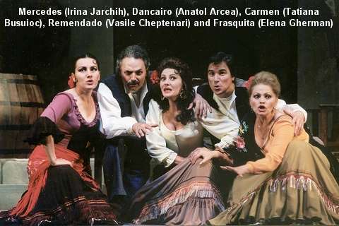 Mercedes (Irina Jarchih), Dancairo (Anatol Arcea), Carmen (Tatiana Busuioc), Remendado (Vasile Cheptenari) and Frasquita (Elena Gherman)