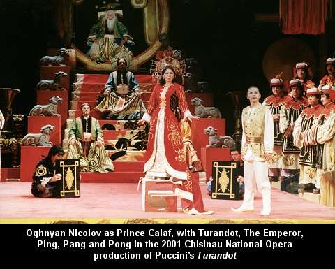 Oghnyan Nicolov as Prince Calaf, with Turandot, The Emperor, Ping, Pang and Pong in the 2001 Chisinau National Opera production of Puccini's 'Turandot'