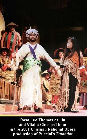 Rosa Lee Thomas as Liu and Vitalie Cires as Timur in the 2001 Chisinau National Opera production of Puccini's 'Turandot'