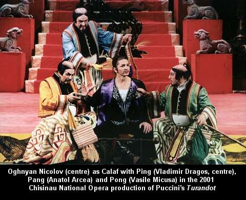 Oghnyan Nicolov (centre) as Calaf with Ping (Vladimir Dragos, centre), Pang (Anatol Arcea) and Pong (Vasile Micusa) in the 2001 Chisinau National Opera production of Puccini's 'Turandot'