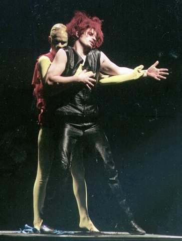 Péter Takátsy (Dummy) and Péter Novák (Cat) in Balázs Kovalik's Budapest production of 'Resurrection'. Photo © 2001 Andrea Felvégi