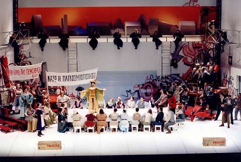 A scene from the 2002 production of 'Lysistrata' with Daphne Evangelatos standing on the table