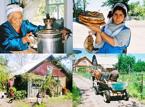 Aruhan Bisengaliev  - Marat's mum - with her samovar (top left); making and selling bread - beside the road to China; a country dacha; villagers' transport - among the dachas. Photos: Howard Smith