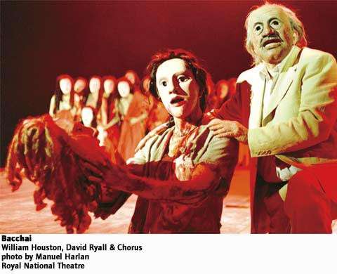 Bacchai. William Houston, David Ryall and Chorus. Photo: Manuel Harlan, Royal National Theatre