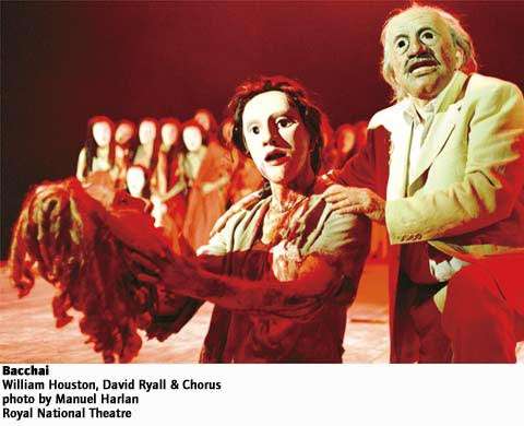Bacchai. William Houston, David Ryall and Chorus. Photo: Manuel Harlan, Royal National Theatre