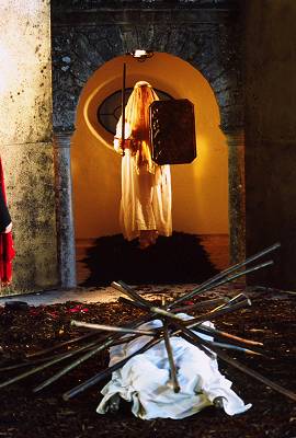 A sword-bearing Sárka (Susan Stacey in the title role) emerges from the tomb of Queen Libuse in Act 3 of Janacek's 'Sárka'. Photo: Keith Saunders