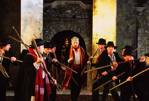 Wyn Pencarreg (Premysl) with warriors in Garsington Opera's production of 'Sárka'. Photo: Keith Saunders