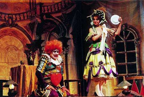 Tonio with Nedda (Columbine) clowning in the final scene of the Chisinau National Opera production of 'Pagliacci'