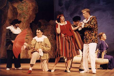 Stephen Kennedy (Truffaldino), Simon Biazeck (Brighella), Catherine May (Zerbinetta), Kerem Kurkcuoglu (Scaramuccio), Jesse Clark (Arlecchino) and Lori Hultgren (Ariadne) in the 2002 Britten-Pears School/Aldeburgh Productions staging of Strauss's 'Ariadne auf Naxos'