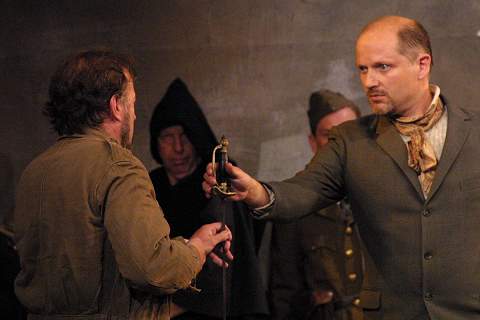 Nicholas Buxton (Don Carlo) with Charles Johnston (Marquis of Posa, right) in the Stowe Opera 2002 production of 'Don Carlo'. Photo © 2002 John Credland