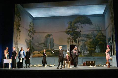 Petra Lang as Ariadne (left) and Marlis Petersen as Zerbinetta (right) with Echo (Rachel Nicholls, centre) and the drolls in Christof Loy's 2002 Royal Opera House production of Strauss's 'Ariadne auf Naxos', designs by Herbert Murauer. Photo © Arena PAL/Royal Opera House