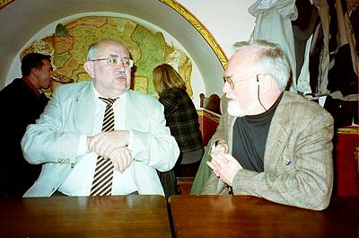 Donatas Katkus (left) and John McCabe in a Vilnius restaurant. Photo © 2003 Adrien Cotta