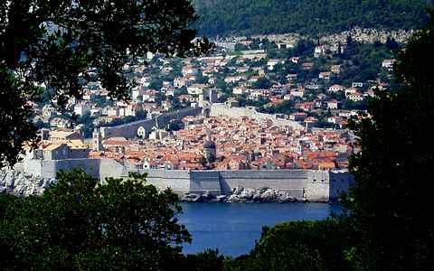 Dubrovnik's largely medieval walled old town, as seen from the island of Lokrum. Photo © 2003 Keith Bramich