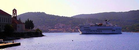 The Jadrolinija Ferry from Split arrives in Vis Town. Photo © 2003 Keith Bramich