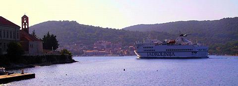The Jadrolinija Ferry from Split arrives in Vis Town. Photo © 2003 Keith Bramich