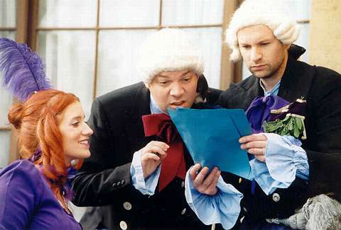 Laura (Fiona Harrison), Demofonte (Mark Saberton) and Totaro (Thomas Guthrie)