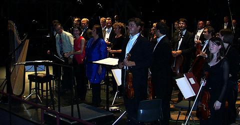 Pierre-André Valade, Stephen Montague, Catrin Finch, Philippa Davies and the BBC National Orchestra of Wales. Photo: Keith Bramich