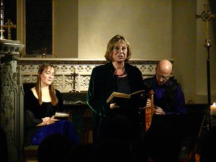The Troubadours, soprano Clare Norburn and harper Bill Taylor with poet Jenny Lewis performing at Aust church. Photo © 2003 Peter Dobbins