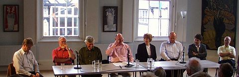 'Composers and the Voice' at the Assembly Rooms, Presteigne on 25 August 2003. Simon Mundy hosts a forum introducing some of the songs from 'A Garland for Presteigne'. Left to right: Adrian Williams, John McCabe, David Matthews, Simon Mundy, Cecilia McDowall, Paul Crabtree, James Francis Brown and Peter Broadbent. Rhian Samuel, John Joubert, Stephen Tunnicliffe and Geraint Lewis are in the audience. Photo: Keith Bramich