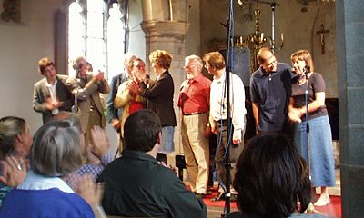 The composers represented in 'A Garland for Presteigne' take a bow. Photo: Keith Bramich