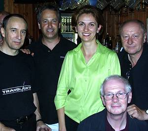 Members of the festival support staff in The Farmers Arms. From left to right, Philip Woodhall, a member of the original 1983 festival committee, Graham George (Translight, festival lighting), Cristina Vitan (a new recruit in 2003), Michael Moore (Concerts Manager) and Keith Hatfield (Translight). Photo: Keith Bramich