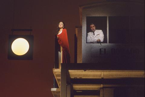 Florencia Grimaldi (Patricia Schuman) walks on deck in the moonlight as El Capitán (Oren Gradus) steers the 'El Dorado'. Photo: George Hixson/Houston Grand Opera