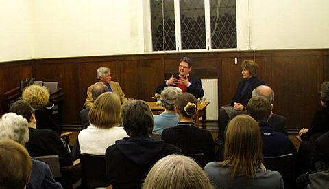 Pre-concert talk at the Friends' Meeting House, North Square, Hampstead Garden Suburb, London. Left to right: David Matthews, George Vass and Cecilia McDowall. Photo: Keith Bramich